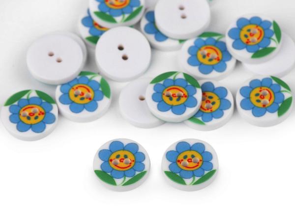 Kinderknopf 2-Loch Kunststoff mit Blume Ø 12,8mm Blau